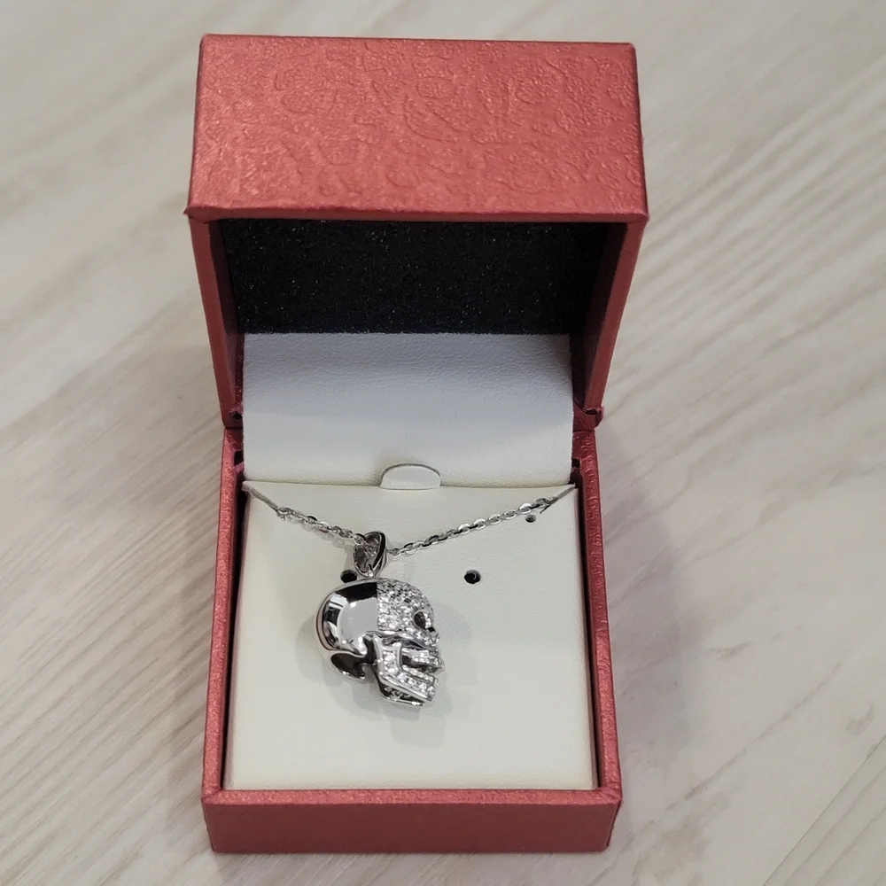 NEW Skull Bones Cubic Zirconia  Necklace in Sterling Silver - Picture 9 of 16